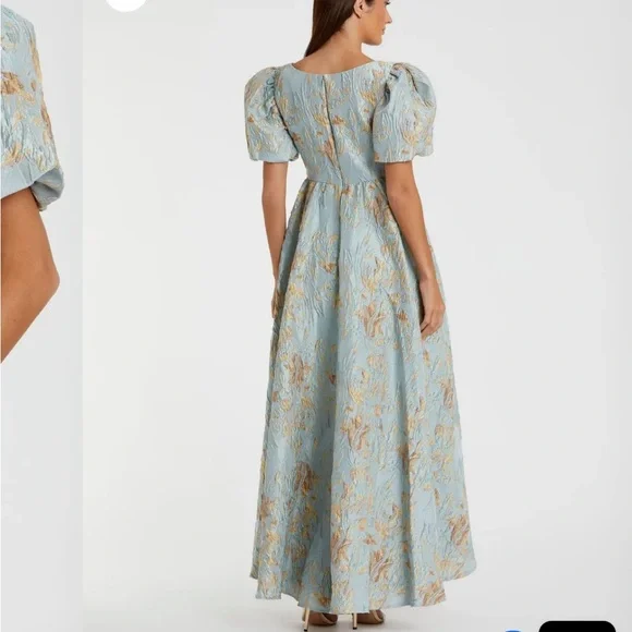 Mac Duggal Blue Brocade Puff Sleeve High Low Gown NWT - Picture 3 of 5